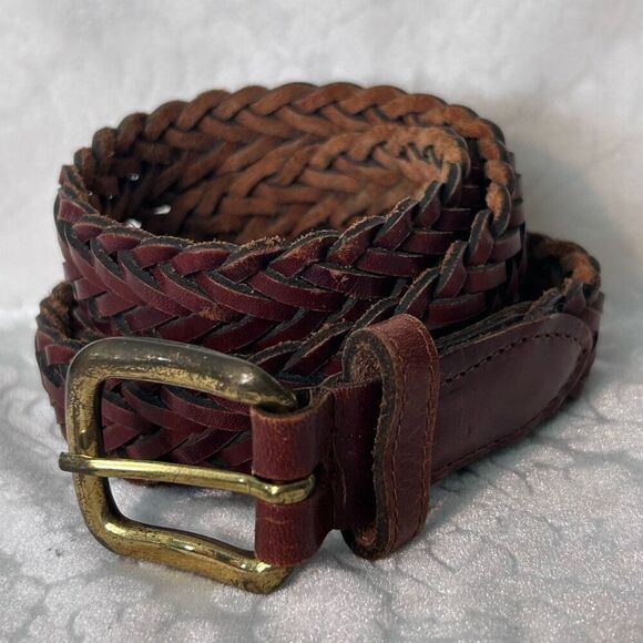 Vintage Leather Belt Unisex M/L Brown Braided Gold Tone Buckle Made In Uruguay - Picture 1 of 7